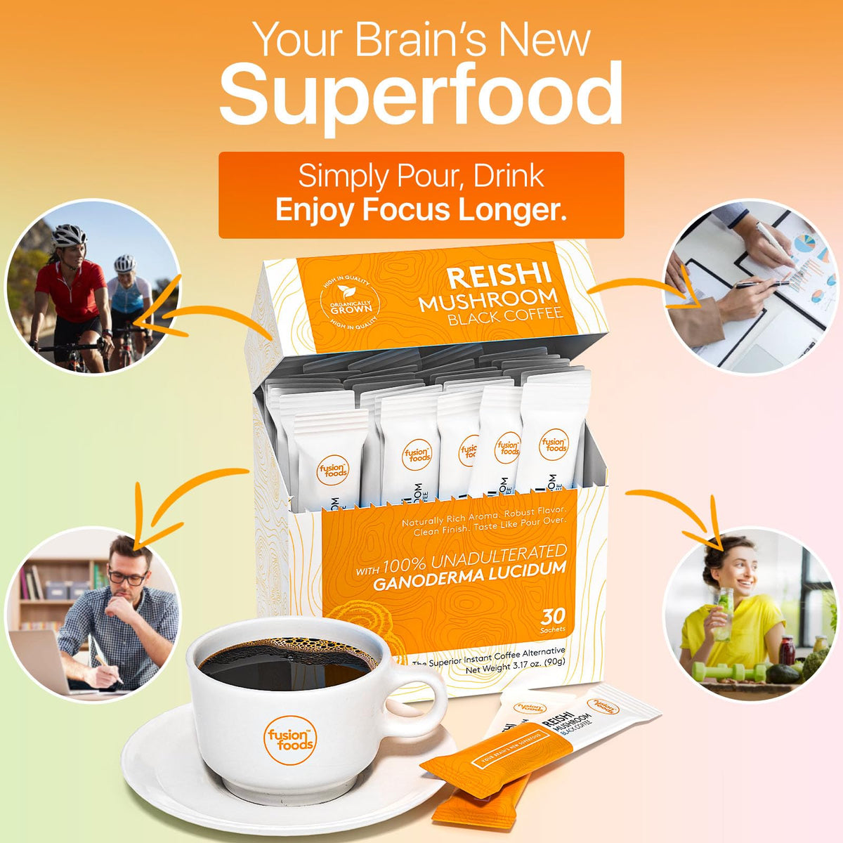 Reishi Mushroom Black Coffee by Fusion Foods™ | All-Natural Ganoderma, Robust Aroma & Taste - 30 Counts