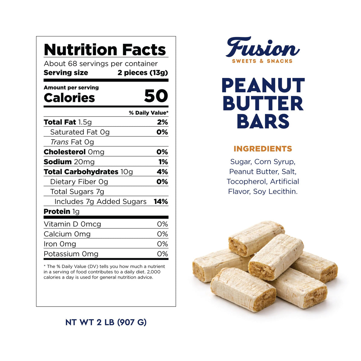 Fusion Sweets Peanut Butter Bars Candy – 2 lb Bulk Bag (Approx 120 Pieces) | Individually Wrapped