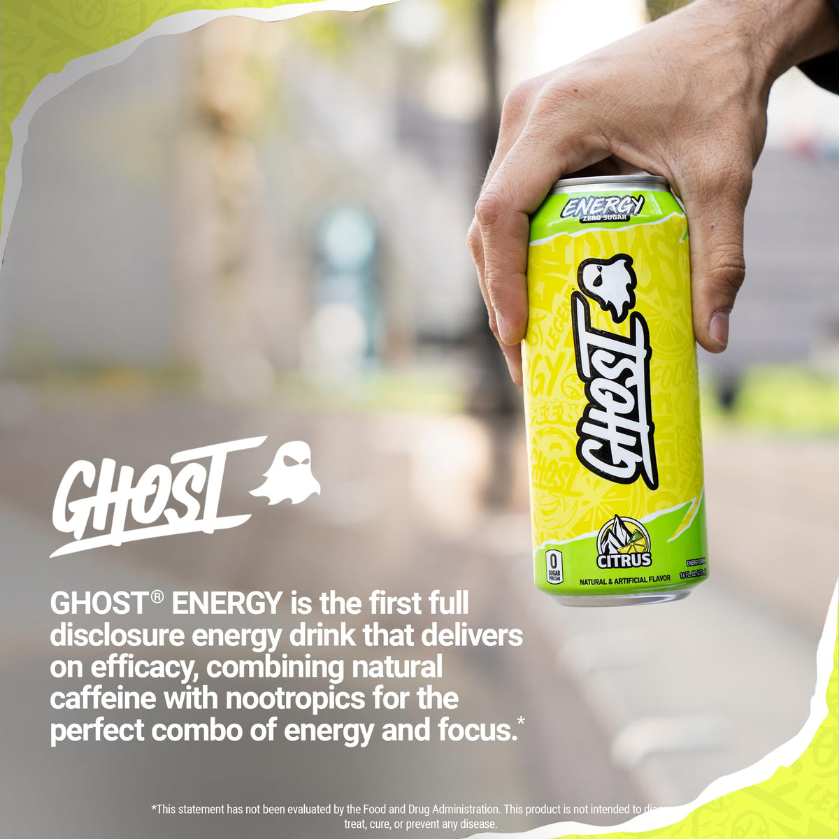 GHOST Energy Drink 12-Pack Citrus | 200mg Natural Caffeine, Focus, No Artificial Colors, Gluten-Free & Vegan