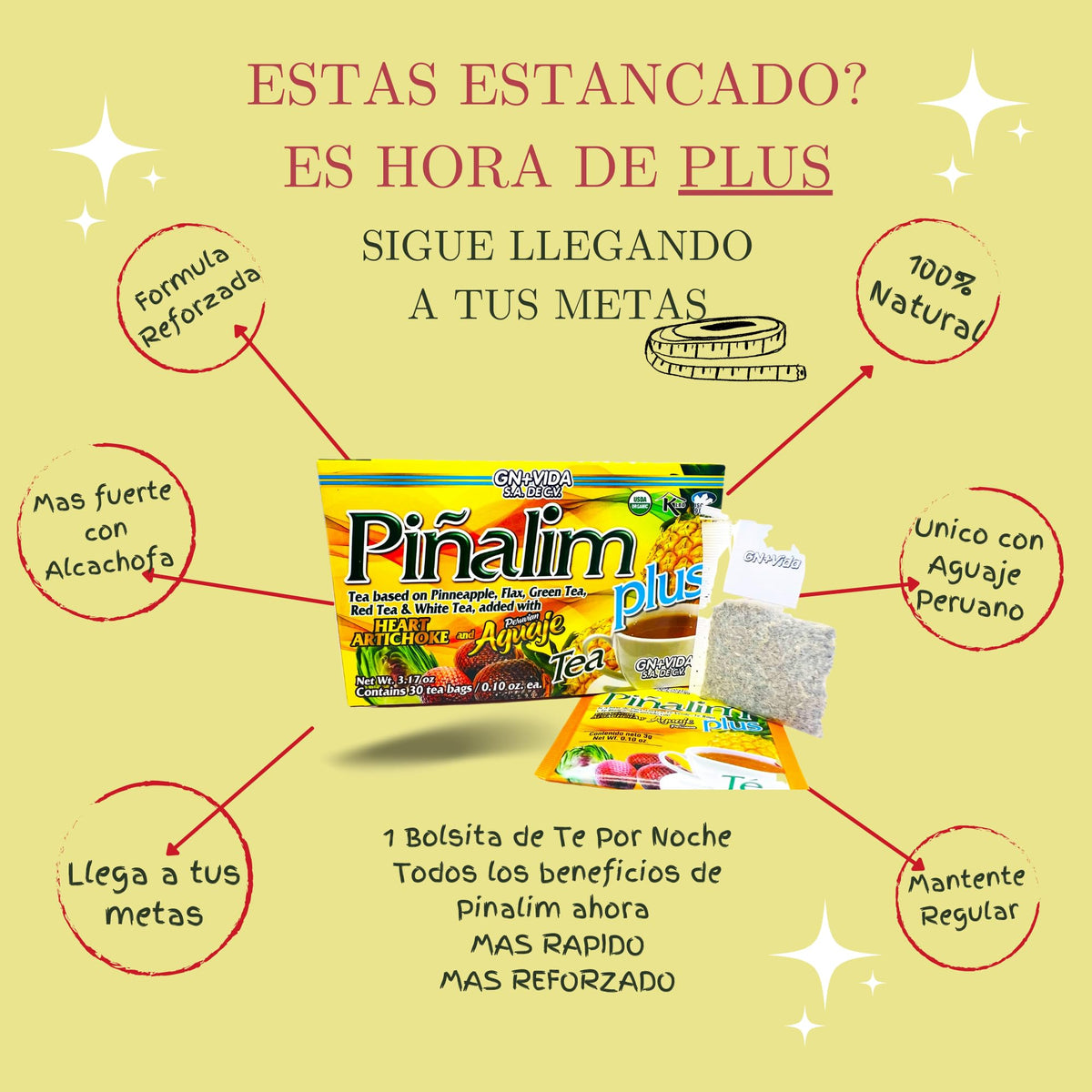 GN+Vida Pinalim Plus Tea - Aguaje Peruano & Artichoke Heart, Caffeine Free Detox (Pack of 2, 60 Bags)