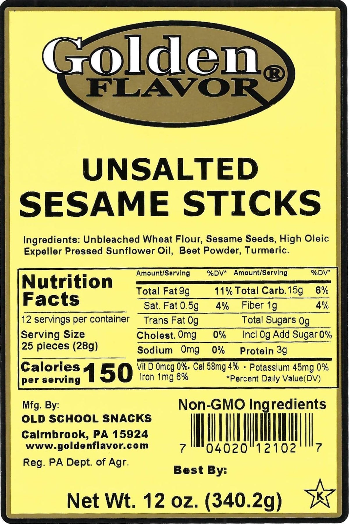 Golden Flavor Sesame Sticks – Unsalted – 3 lb (4 x 12 oz) | Non-GMO & Kosher Snack