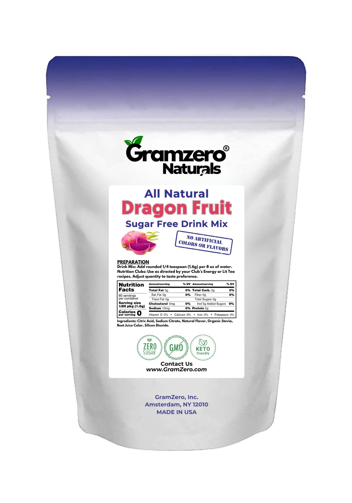 GramZero All Natural Dragon Fruit Zero Calorie Drink Mix | Stevia-Sweetened, Keto Friendly