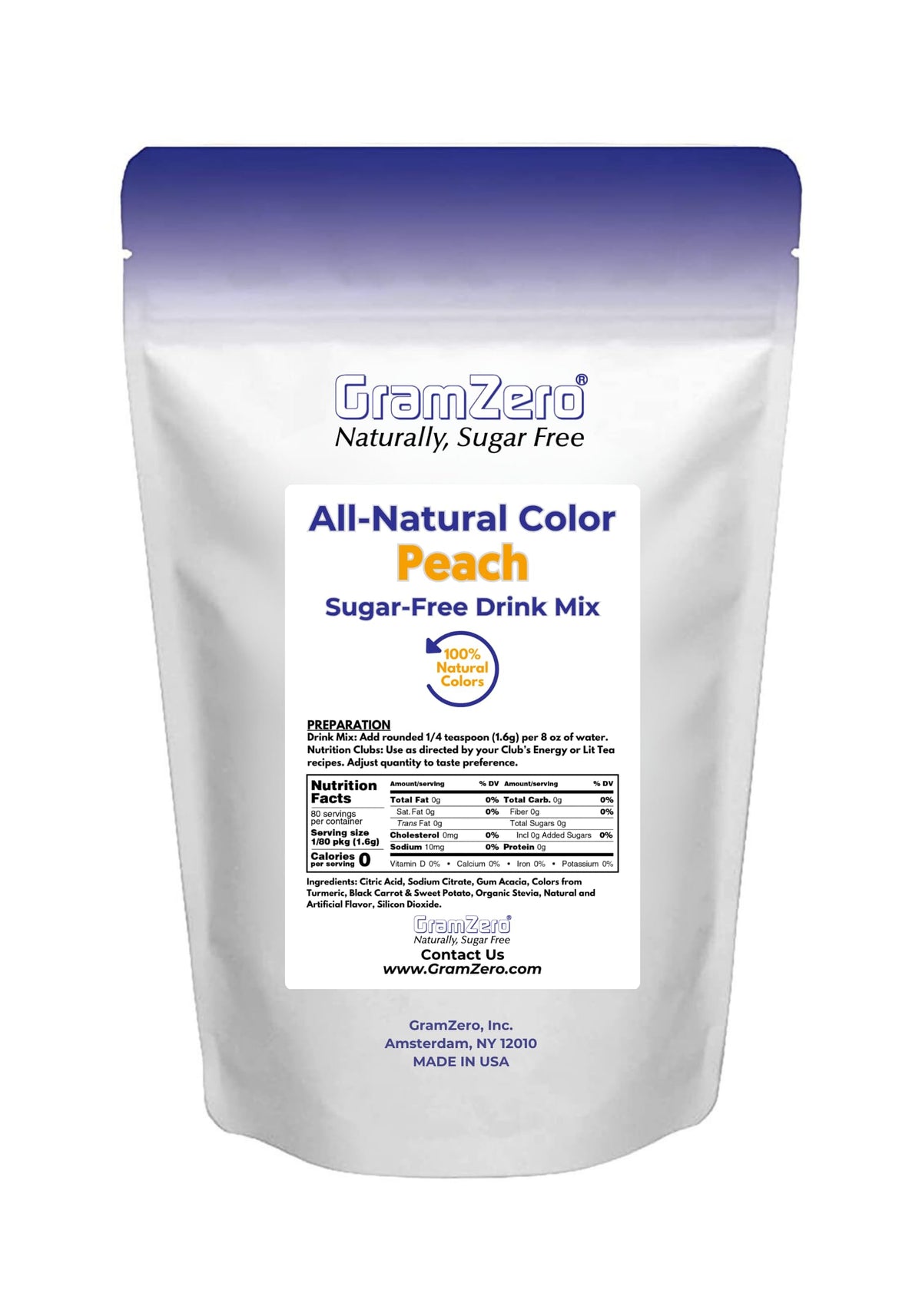 GramZero Peach Zero Calorie Drink Mix – Sugar Free, Keto Friendly, Stevia Sweetened