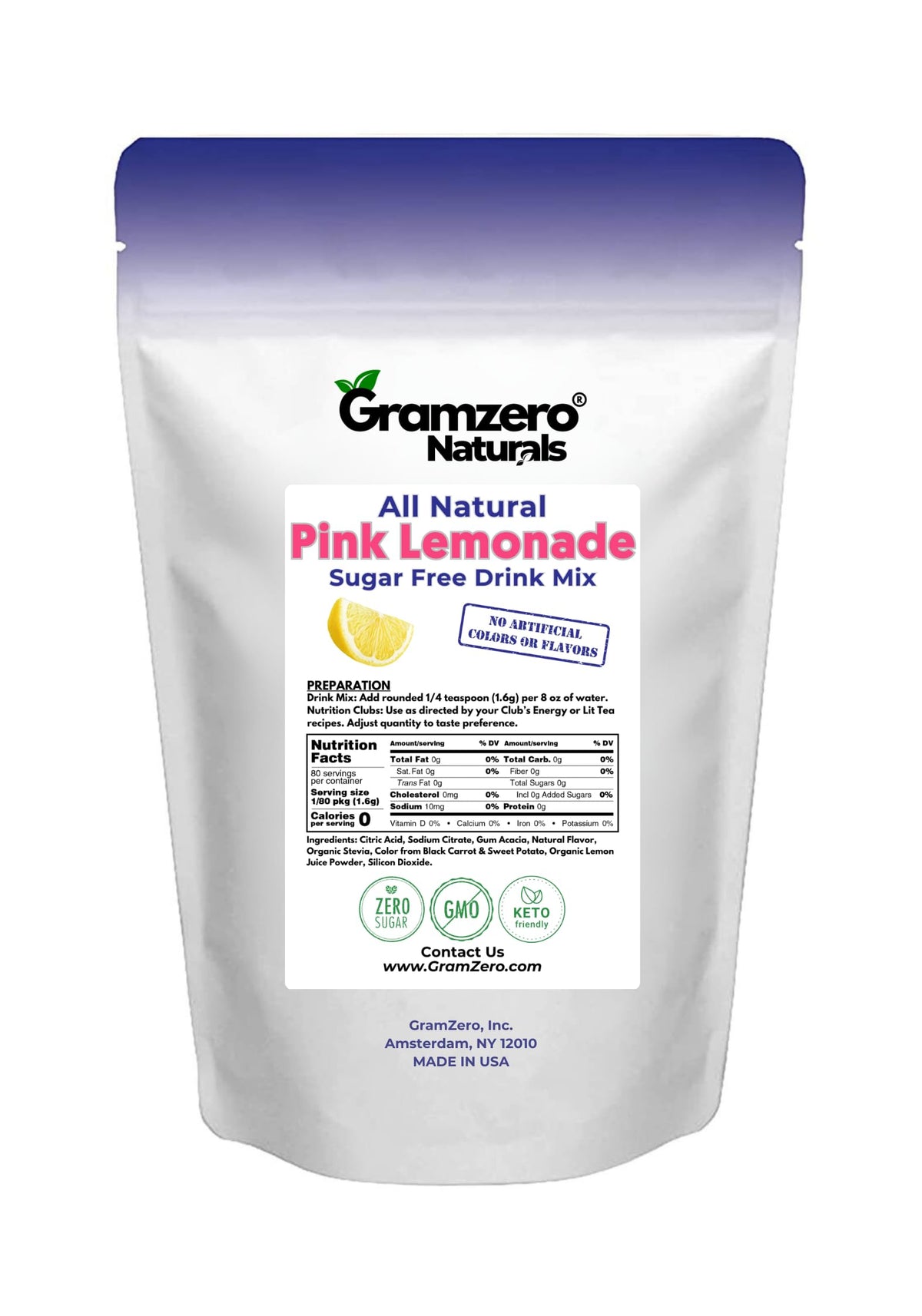 GramZero All Natural Pink Lemonade – Zero Calorie, Sugar Free Drink Mix (Stevia Sweetened)