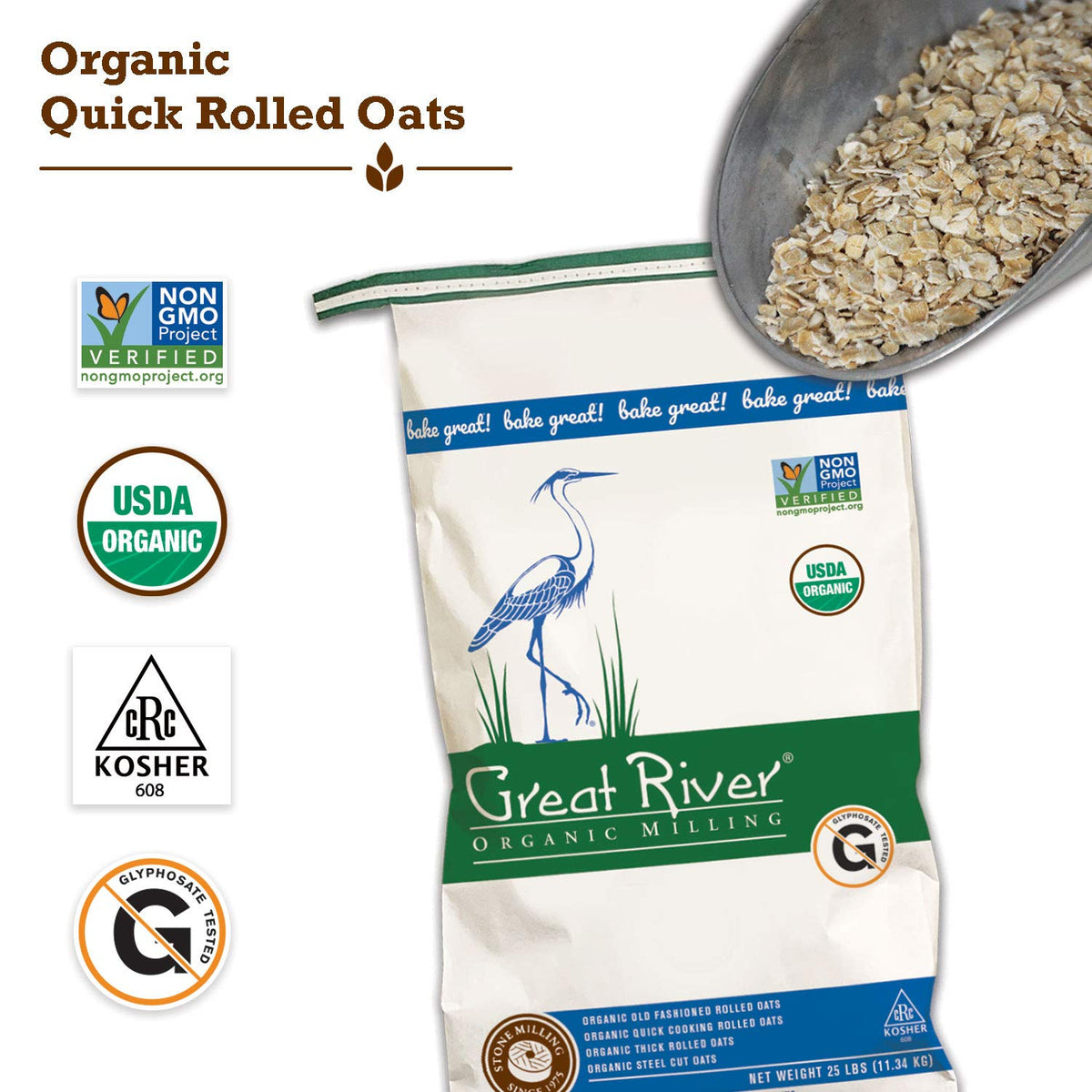 Great River Organic Quick Cooking Rolled Oats | USDA Organic, Non-GMO, Kosher | 25 lb