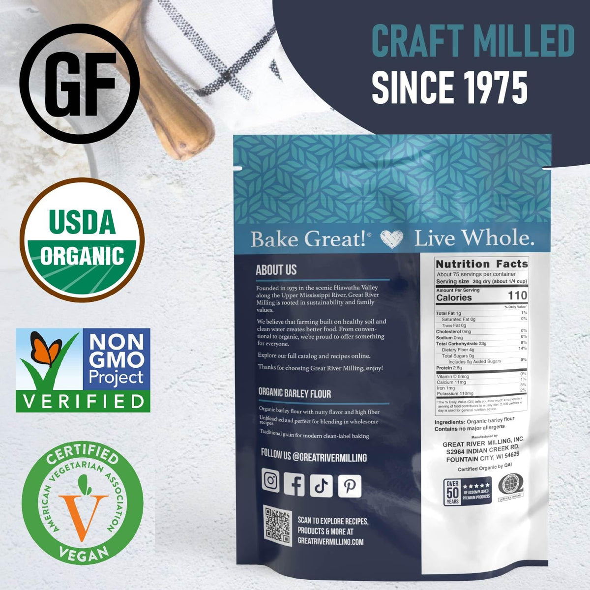 Great River Milling Organic Barley Flour – Unbleached, Non-GMO, Kosher, 5 lb