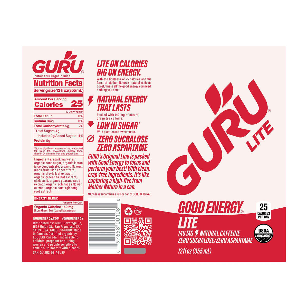GURU Lite Organic Energy Drink – 140 mg Caffeine, Plant-Based, Low Calorie, Pack of 12