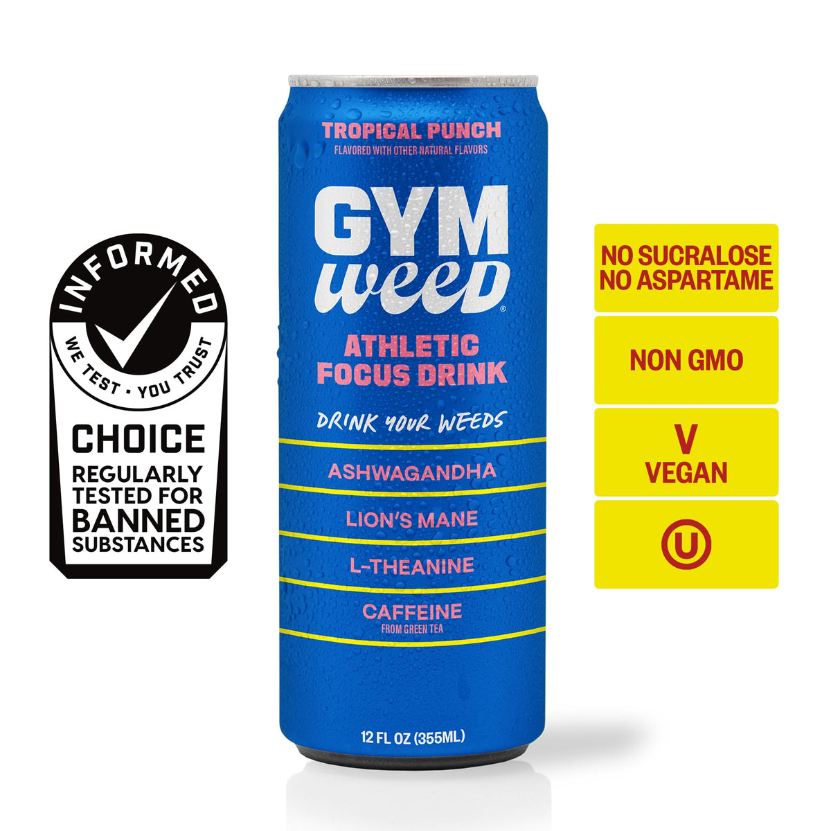 GYM WEED Athletic Focus Drink — KSM-66 Ashwagandha, Lion's Mane, L-Theanine, Green Tea Caffeine | Tropical Punch 12 Pack