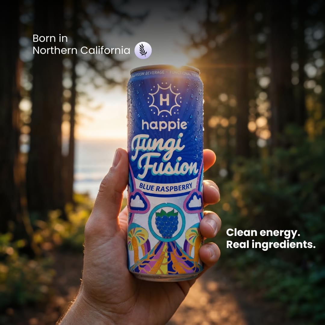 Happie Fungi Fusion Blue Raspberry – Sparkling Mushroom Drink (900mg Lion's Mane, 700mg Cordyceps, 400mg Reishi) Caffeine-Free