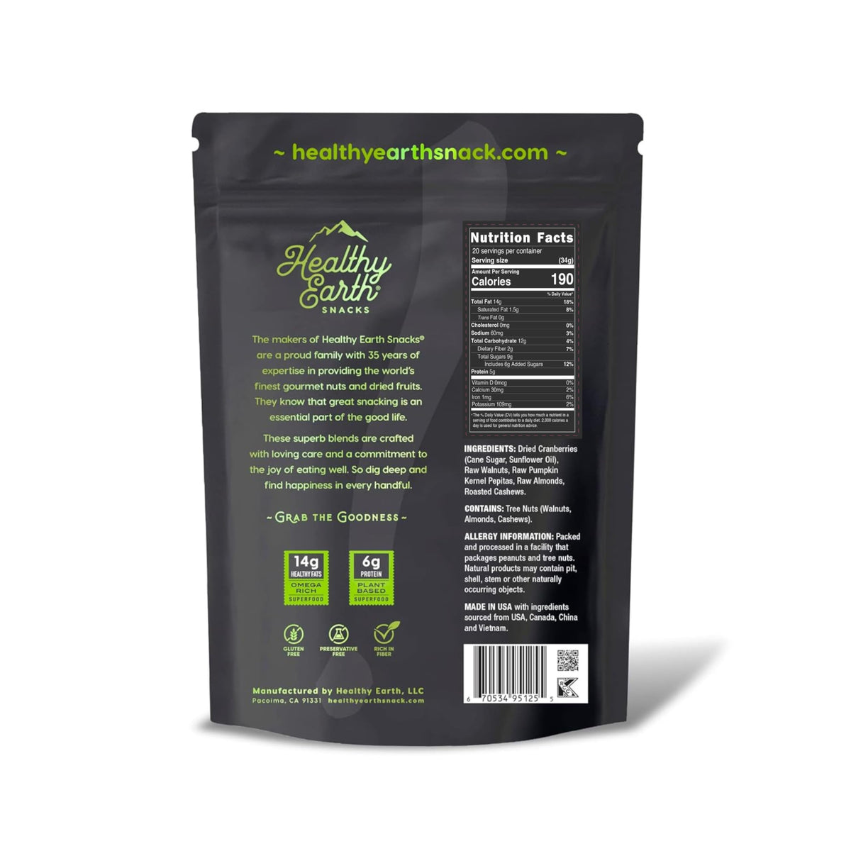Healthy Earth Mixed Nuts Unsalted | Trail Mix – Gluten Free, Peanut-Free, High Fiber, Omega-3 & Omega-6