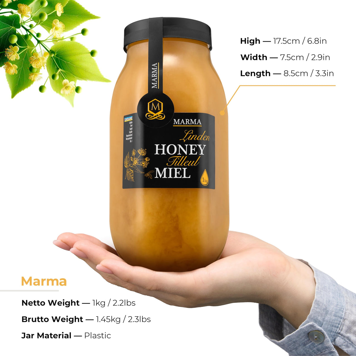 HONIGMA Marma Linden Honey — 1000g Raw Ukrainian Honey, Crystallized Texture