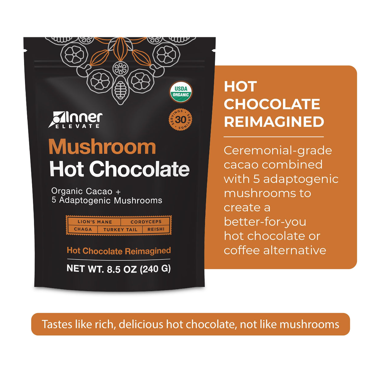 Inner Elevate Organic Mushroom Hot Chocolate - Ceremonial Cacao & 5 Adaptogens