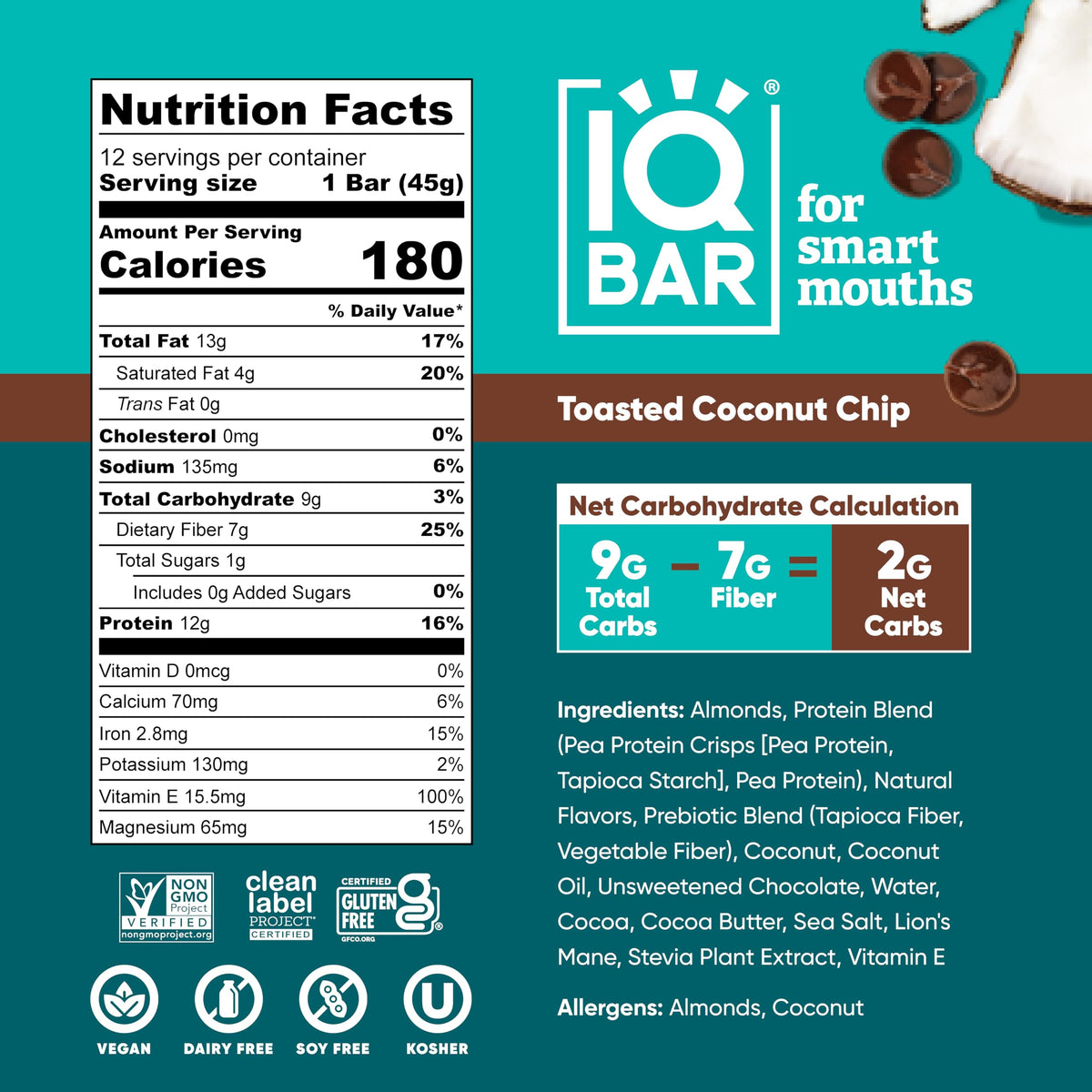 IQBAR Clean Plant Protein Bars - Toasted Coconut Chip (12 Count) - Keto & Vegan