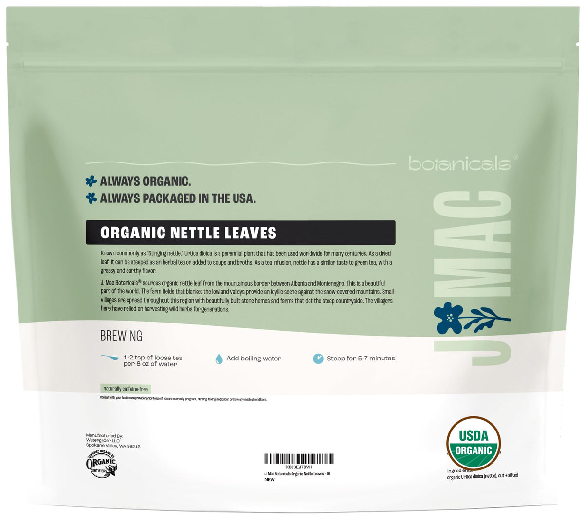 J Mac Botanicals Organic Nettle Leaf Herbal Tea – 16 oz Bulk, USDA Certified Organic