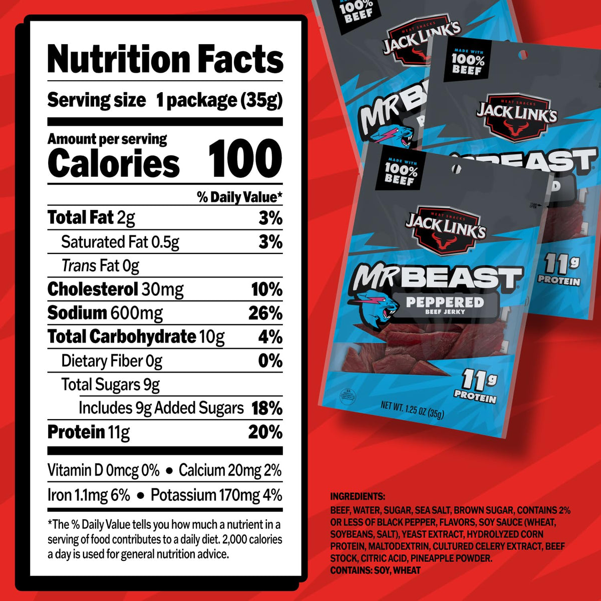 Jack Link’s x MrBeast Peppered Beef Jerky — 11g Protein per Serving (10 Count)