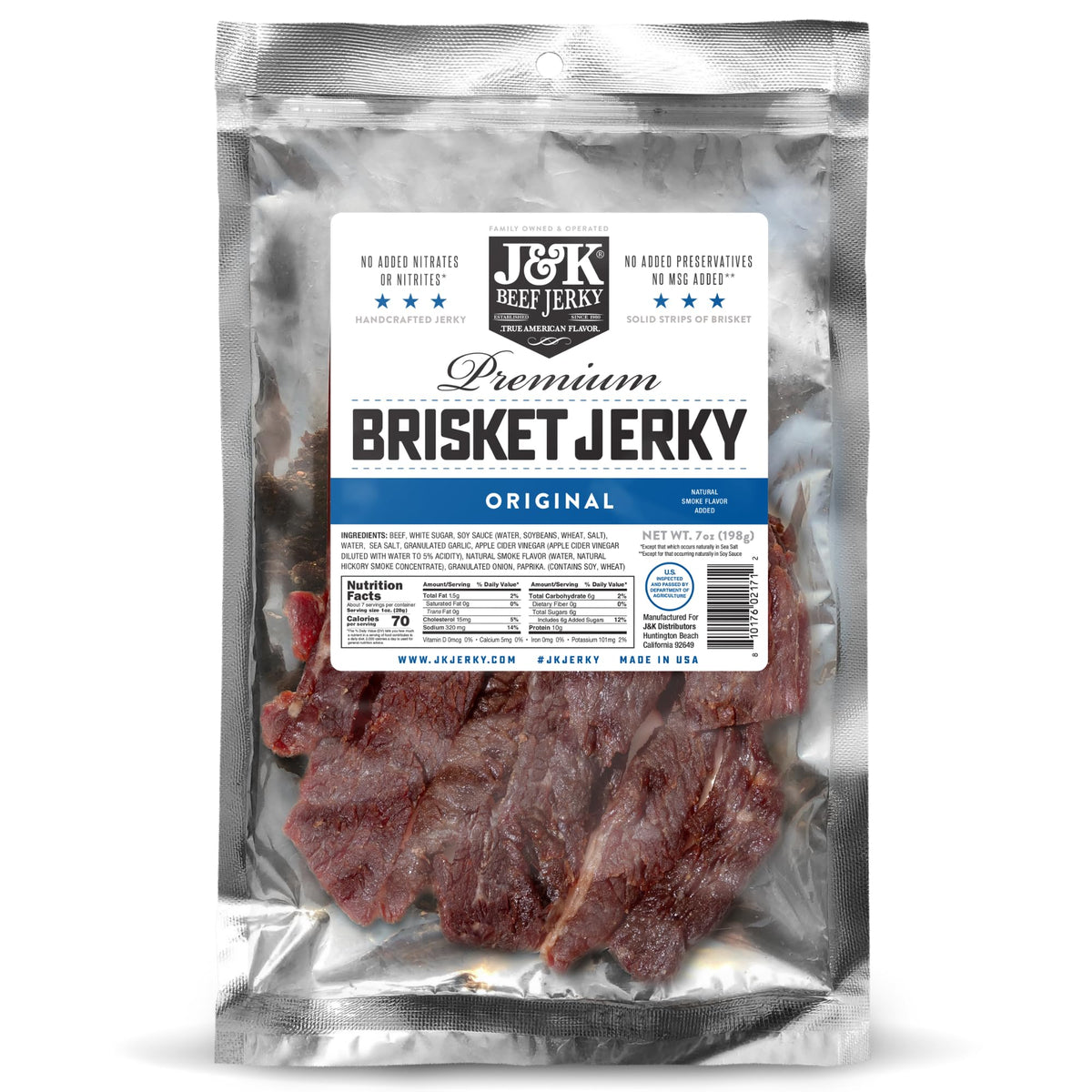 J&K Original Beef Brisket Jerky – Handcrafted Small-Batch, American Made Slab Jerky (7oz Bag)