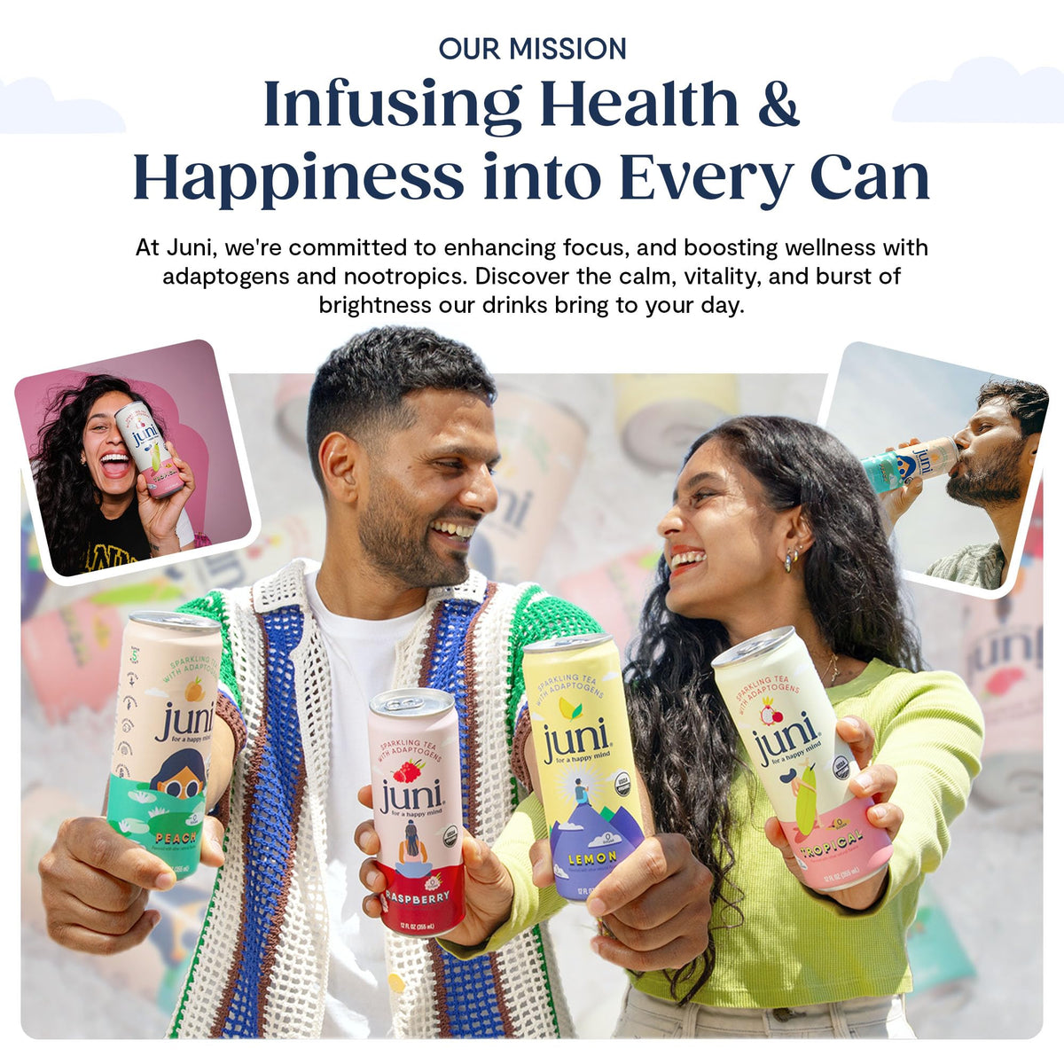 JUNI Sparkling Adaptogen Drink — Strawberry Hibiscus (Decaf, 0 Sugar, 5 Calories) 12-Pack