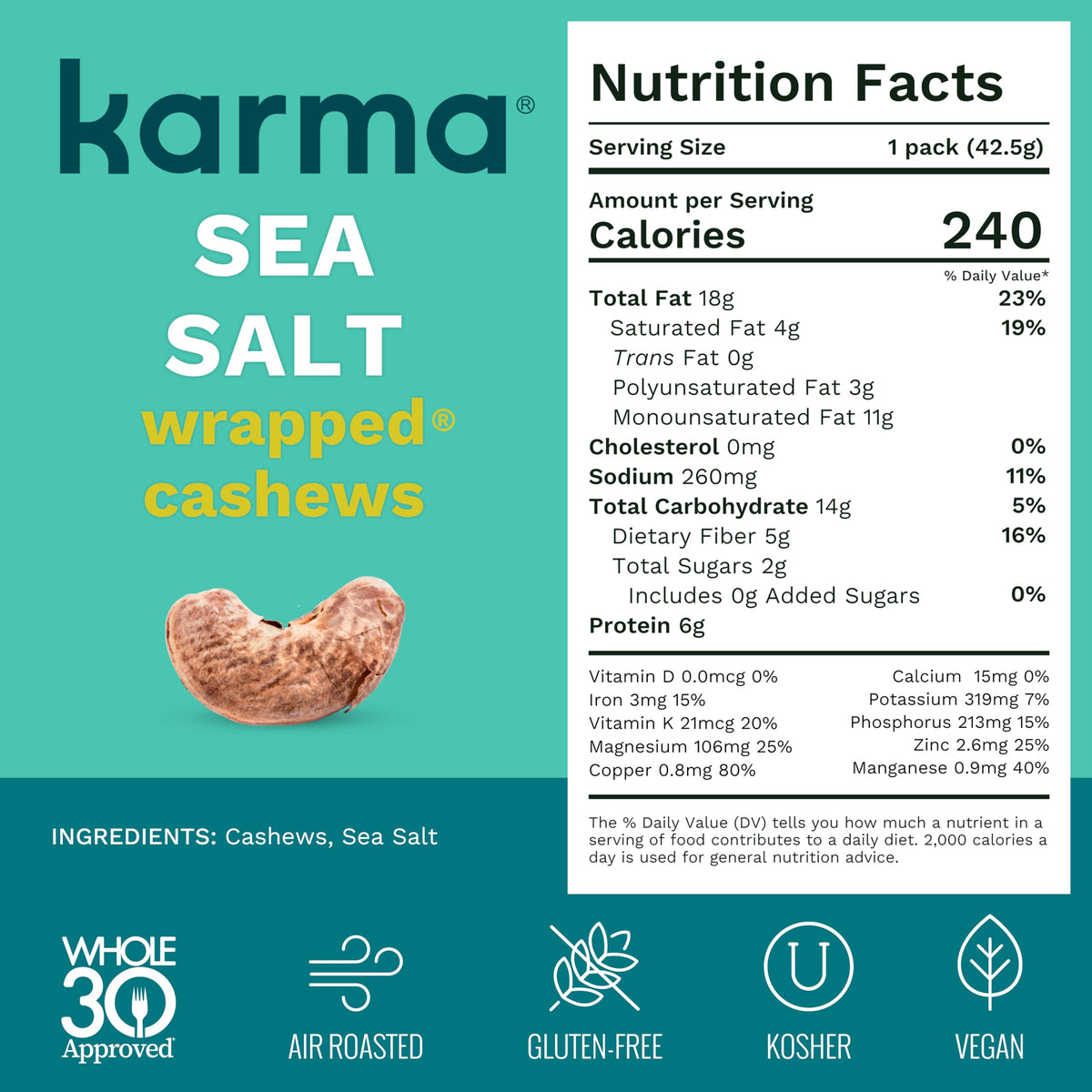 Karma Nuts Sea Salt Cashews — Air Roasted, Vegan, Gluten Free, Low Net Carb Snack (1.5 oz, 12 Pack)