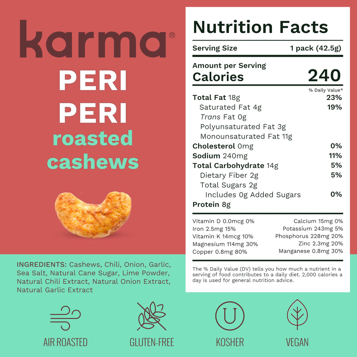 Karma Nuts Peri Peri Chili Spiced Cashews | 1.5 oz 12-Pack | Air Roasted, No Oil | Non-GMO, Gluten-Free, Vegan, Kosher