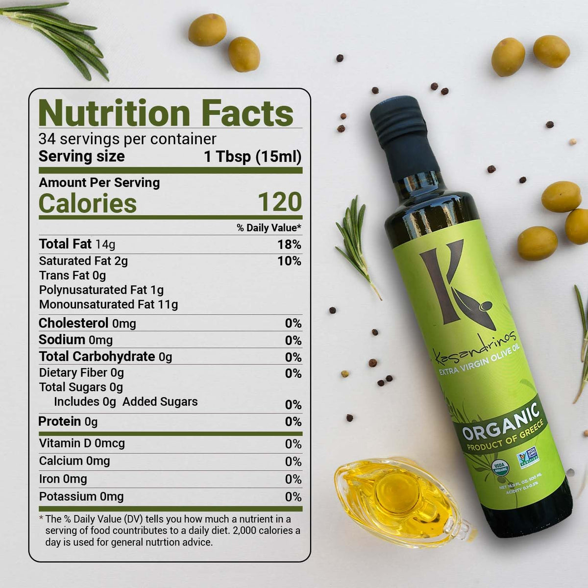 Kasandrinos Organic Olive Oil Extra Virgin – Polyphenol Rich Greek Olive Oil, 100% Organic, First Cold Pressed, Mild & Delicate, 500 ml
