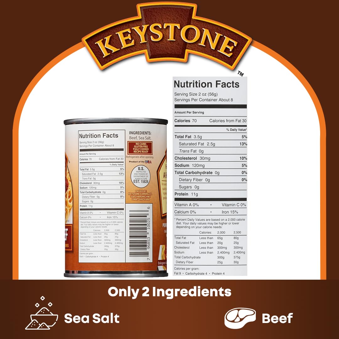 Keystone Meats All Natural Heat & Serve Ground Beef – Fully Cooked, Gluten-Free, 14 oz Cans, 5-Year Shelf Life, Made in USA (6-pack)