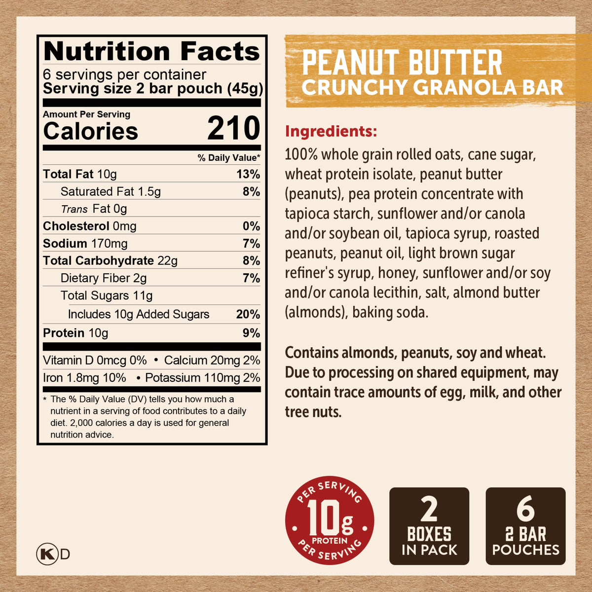 Kodiak Cakes Crunchy Granola Bar Variety Pack – Peanut Butter & Chocolate Chip (10g Protein per Bar) | 24 Pouches