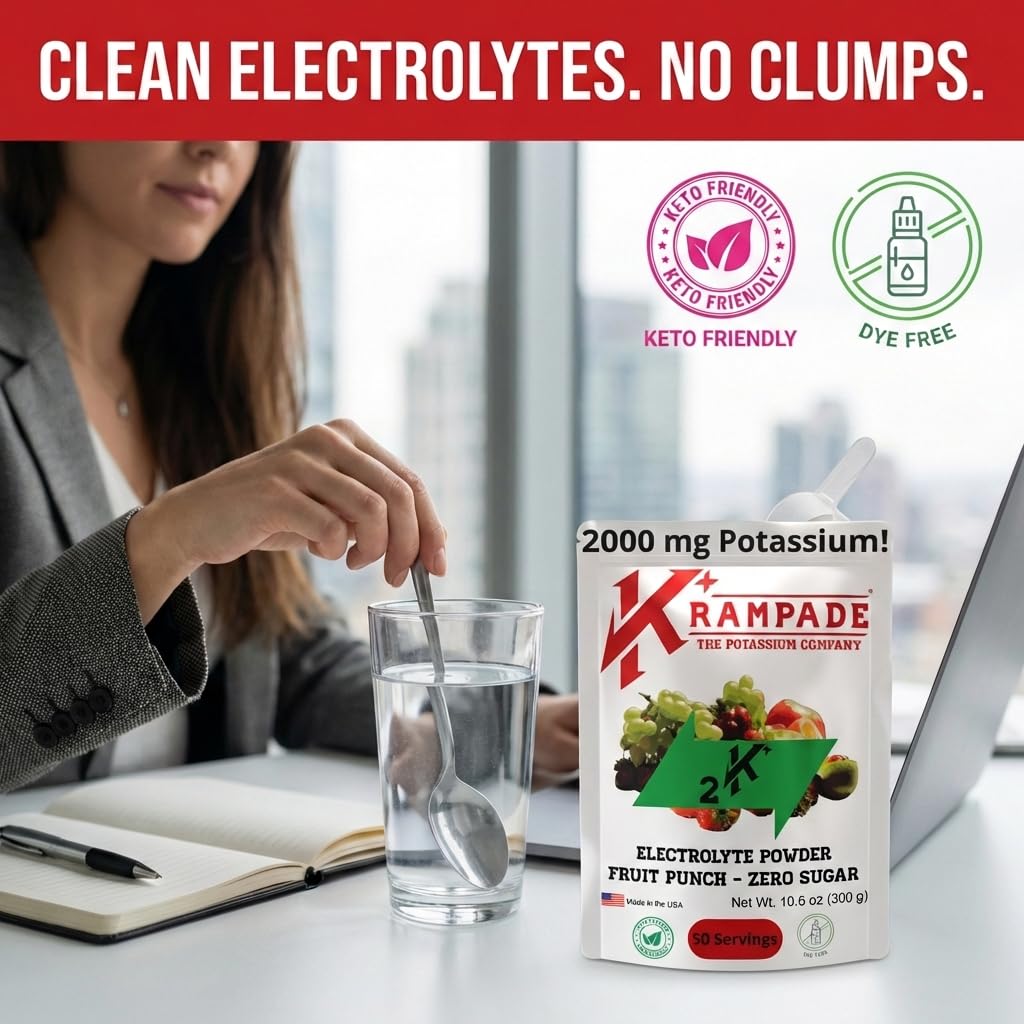 Krampade High Potassium Electrolytes Powder – Zero Sugar Fruit Punch, 50 Servings