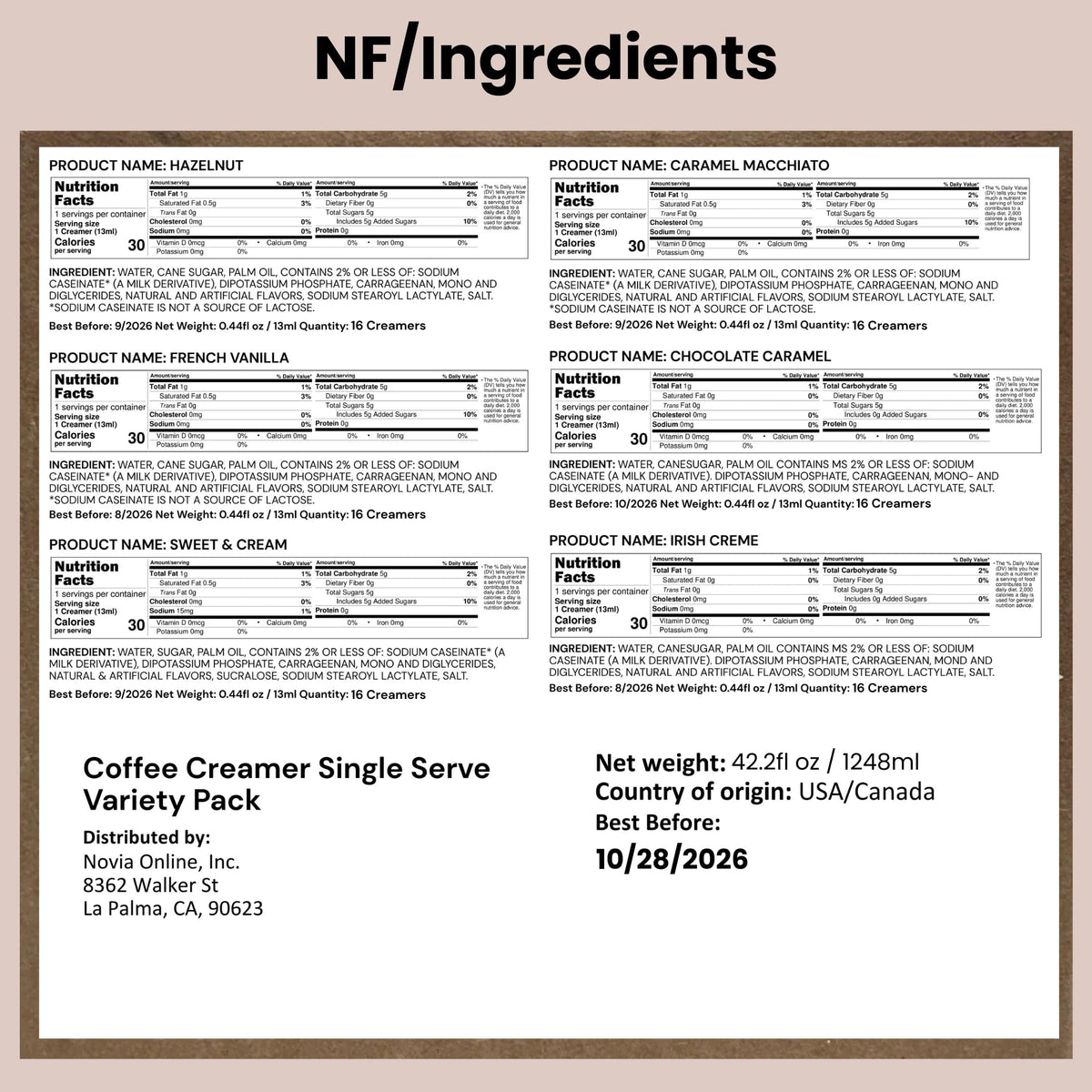 LA VOIE FOODS Coffee Creamer Singles – 6-Flavor Variety Pack (French Vanilla, Irish Cream, Caramel Macchiato, Sweet Cream, Chocolate Caramel, Hazelnut)