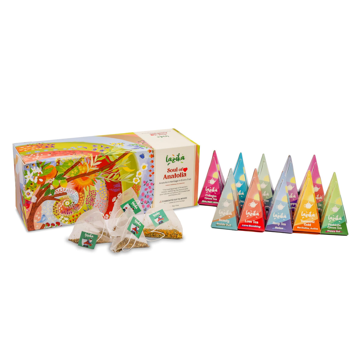LAZIKA Tea Sampler Gift Set – 20 Pyramid Bags, Four of Each Blend (Black, Green & Herbal)