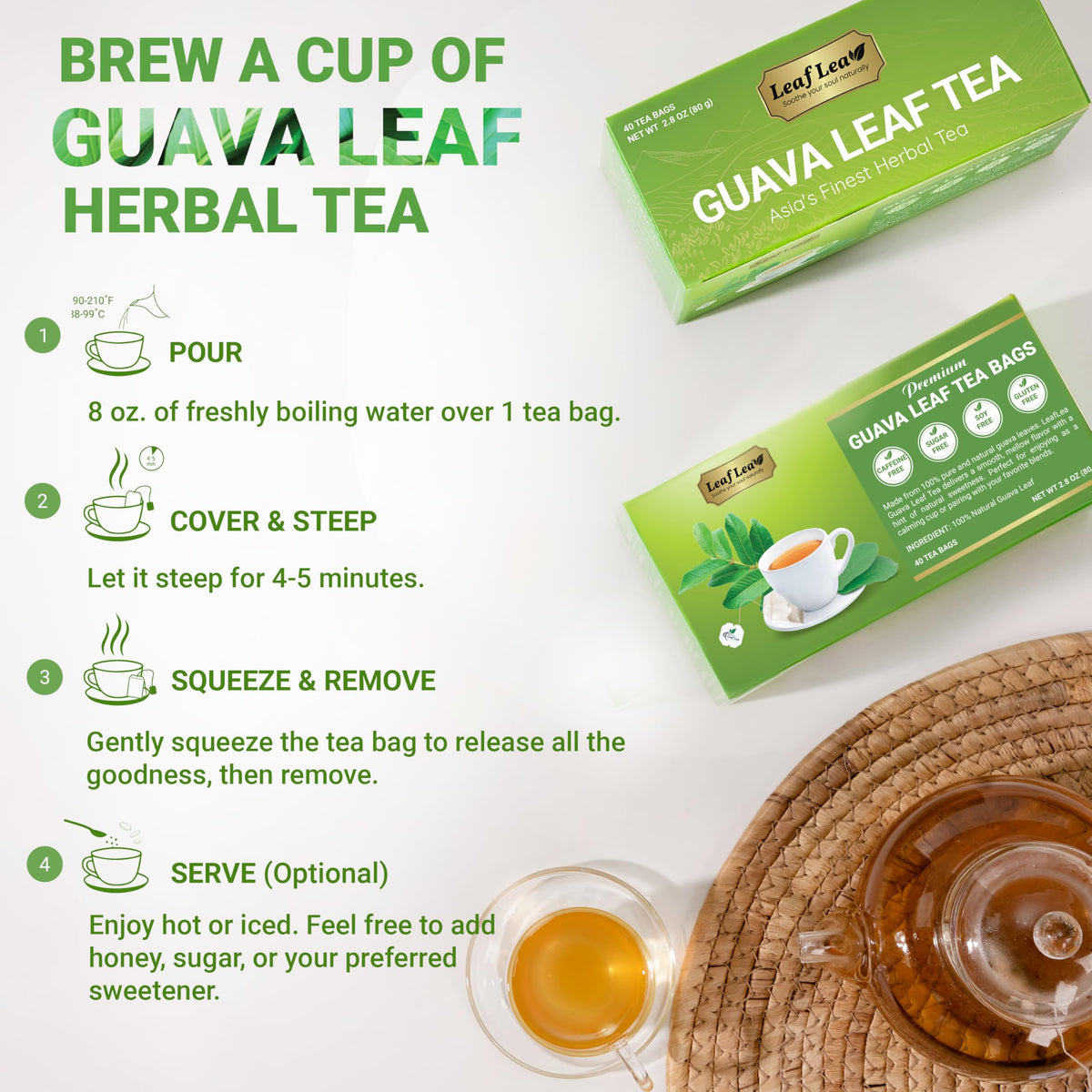 LeafLea Guava Leaf Tea – 80 Fresh-Sealed Tea Bags, Caffeine-Free Digestive Support & Immune Balance