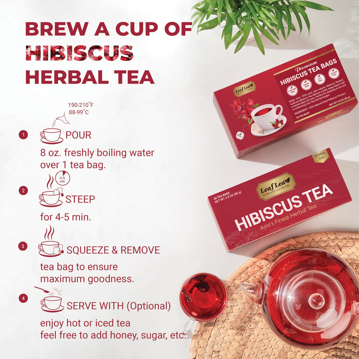 LeafLea Hibiscus Tea Bags (80 Count) – 100% Natural Hibiscus Flowers, Caffeine-Free, Sugar-Free, Non-GMO, Gluten-Free, Vegan (Pack of 2)