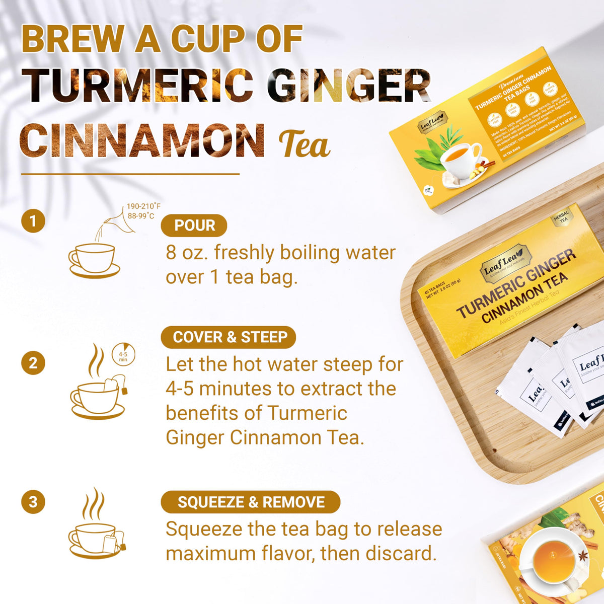 LeafLea Turmeric Tea with Ginger & Cinnamon | 80 Bags, Natural Herbal, Caffeine-Free