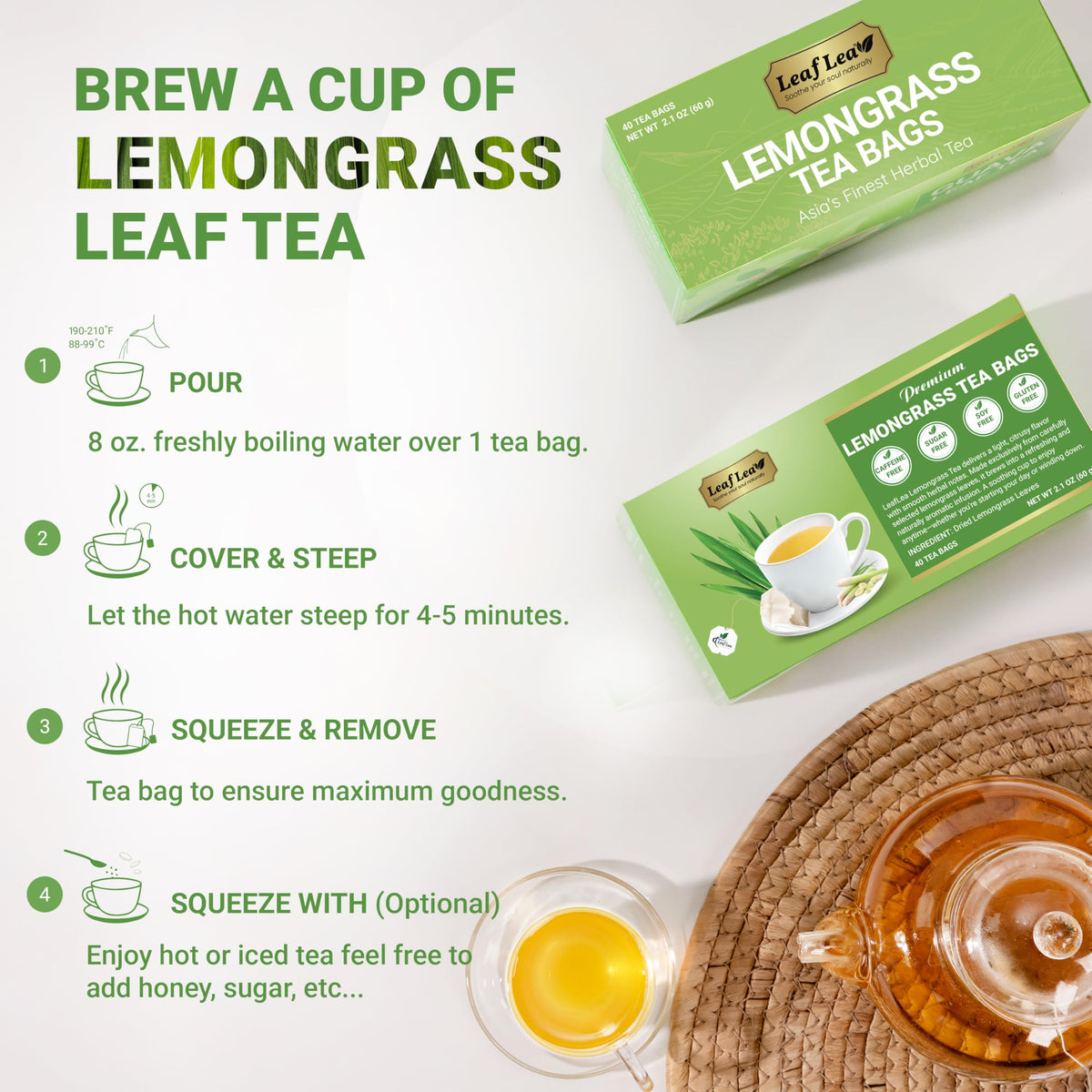 LeafLea 80 Premium Lemongrass Tea Bags – 100% Lemongrass, Caffeine-Free, Ind idually Wrapped