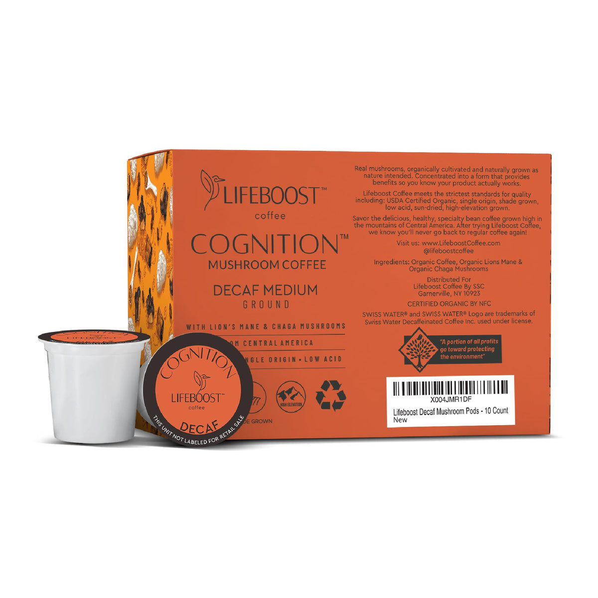 Lifeboost Cognition Decaf Mushroom Coffee Pods – Lion’s Mane & Chaga, Low-Acid K-Cups