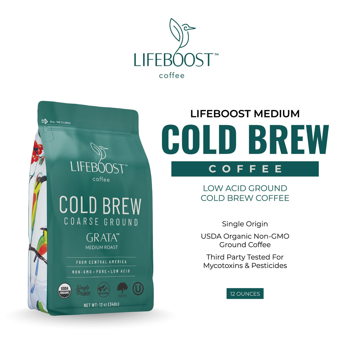 Lifeboost Low Acid Cold Brew Coffee - Organic Coarse Ground Medium Roast, 12 oz