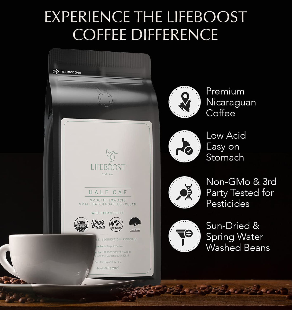 Lifeboost Half Caff Medium Roast Whole Bean Coffee - Low Acid Organic, Single Origin, Non-GMO, USDA Organic, 12 oz
