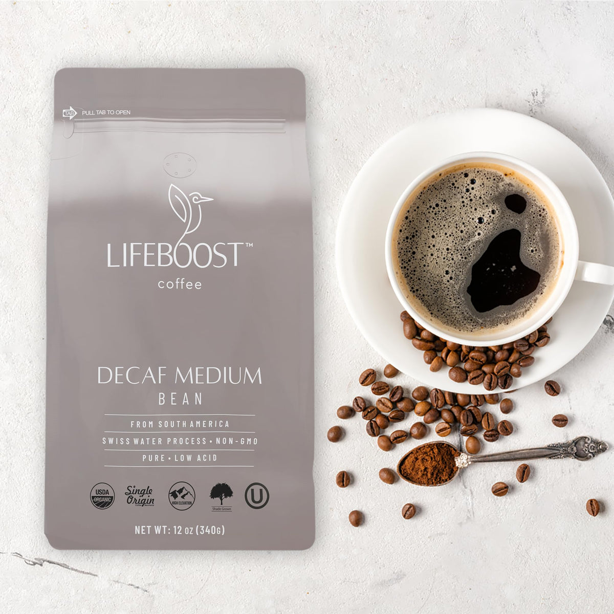 LIFEBOOST Lifeboost Medium Roast Swiss Water Decaf Coffee – Organic, Low Acid, Single Origin (12 oz)