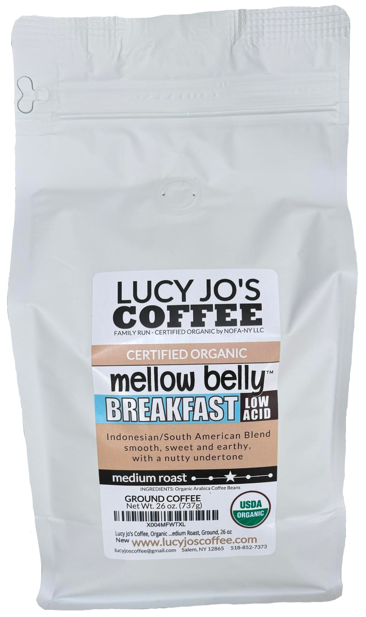 Lucy Jo's Coffee Organic Mellow Belly Low Acid Breakfast Blend – Medium Roast, Ground, 11 oz