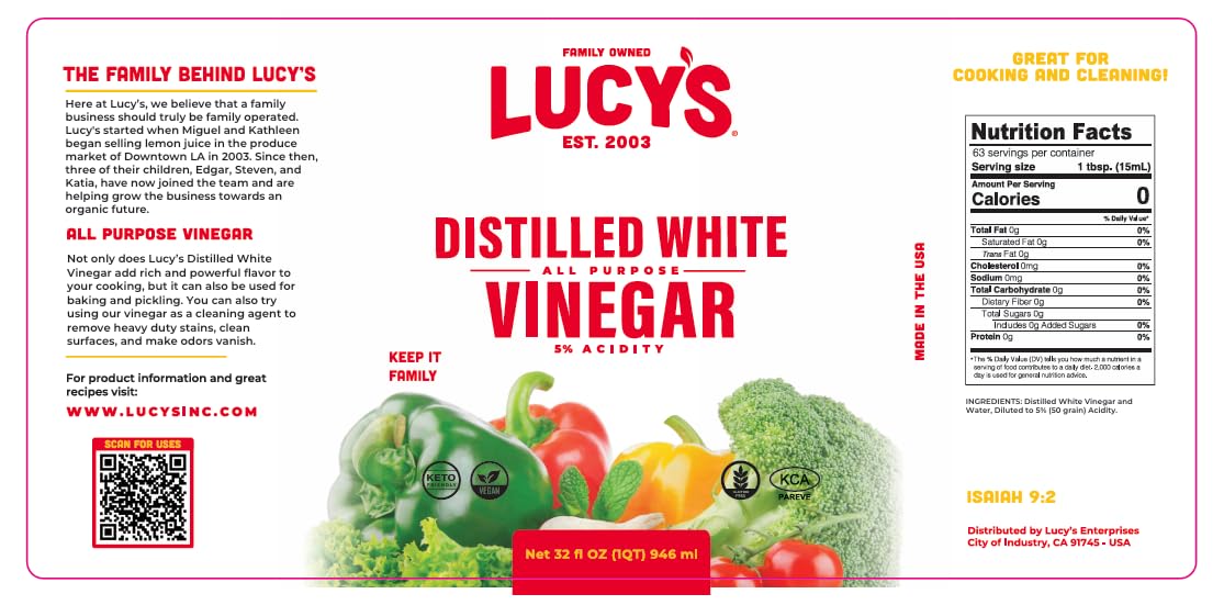 Lucy's Natural Distilled White Vinegar - 1 Gallon, 5% Acidity, Family-Owned