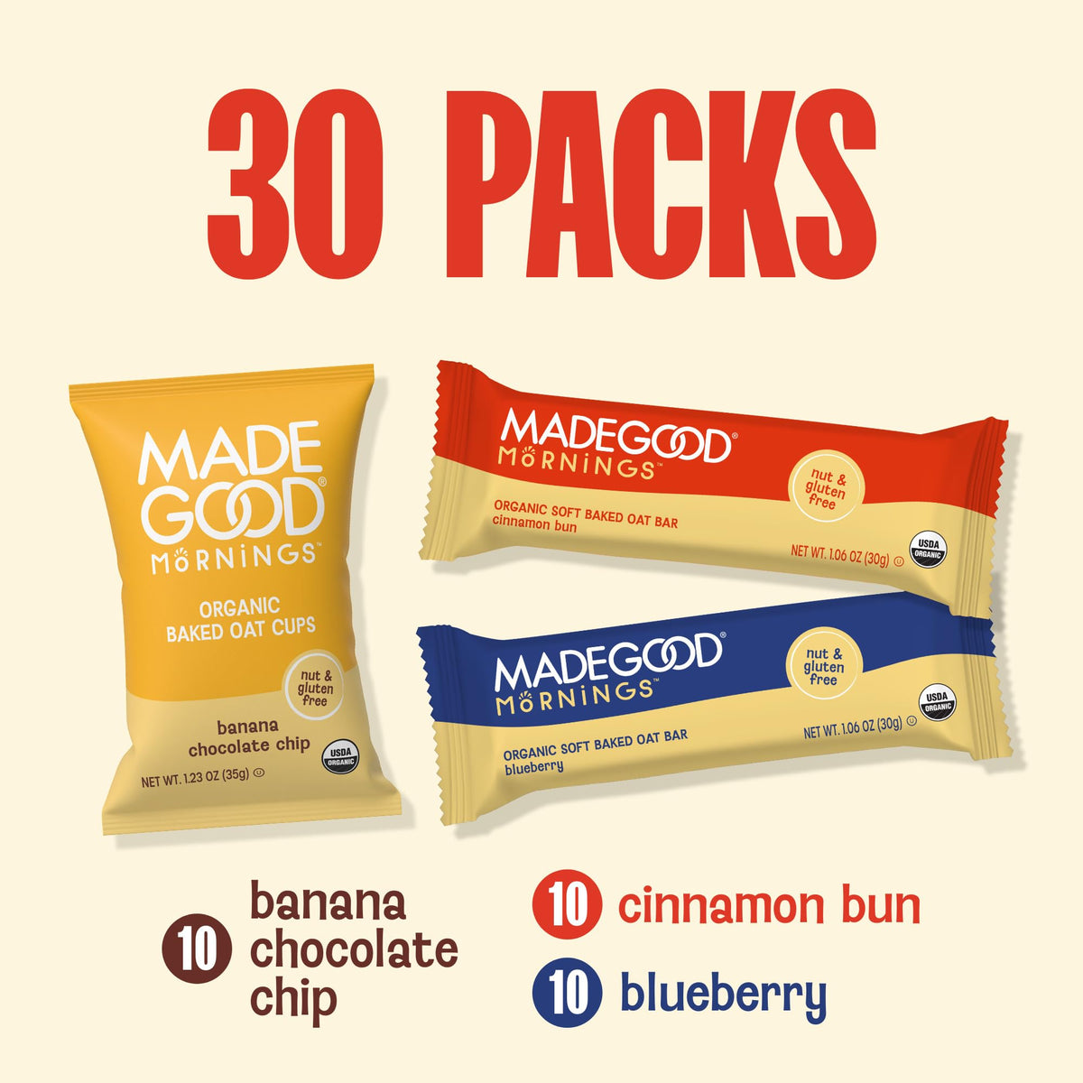 MadeGood Mornings Soft-Baked Oat Bars & Oat Cups Variety Pack (30 Count) – Organic, Allergen-Friendly