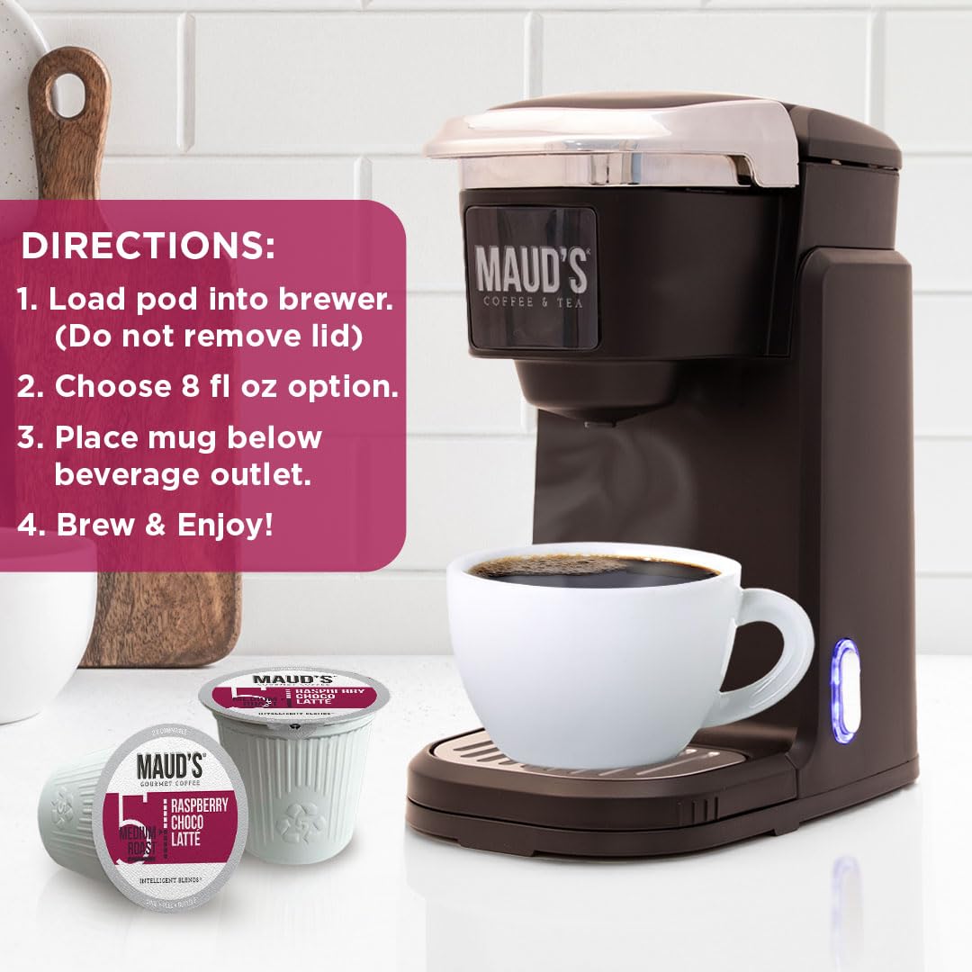 Maud's Raspberry Chocolate Flavored Coffee Pods – 50 Ct, Medium Roast, 100% Arabica, Keurig Compatible