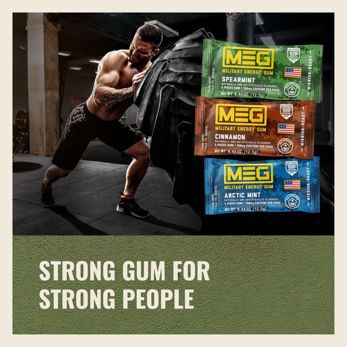 MEG Cinnamon Military Energy Gum – 100 mg Caffeine per Piece | NSF for Sport Certified | Pack of 18