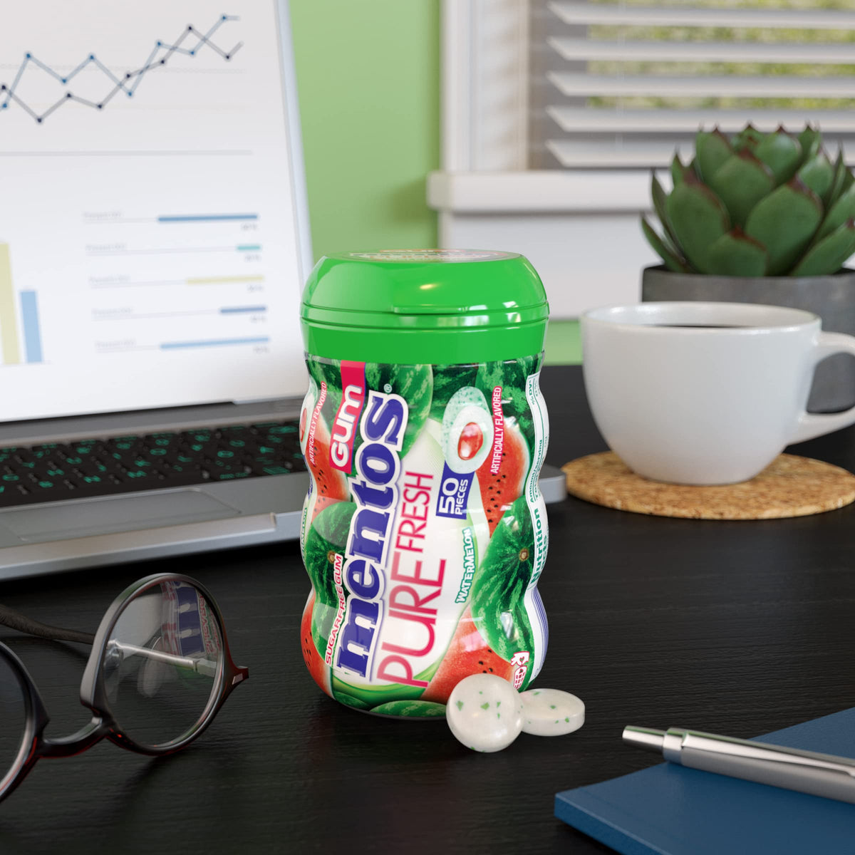 Mentos Pure Fresh Watermelon SugarFree Gum with Xylitol - 50pc Bottle x4 (Pack of 4)