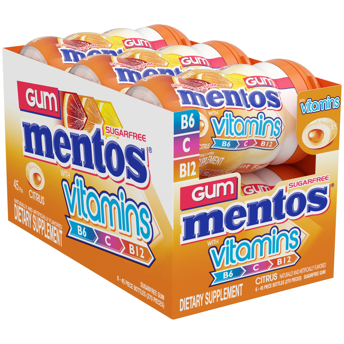 Mentos Vitamins Gum Citrus – Sugar Free with Vitamins B6/B12/C, 6 x 45-Count Bottles