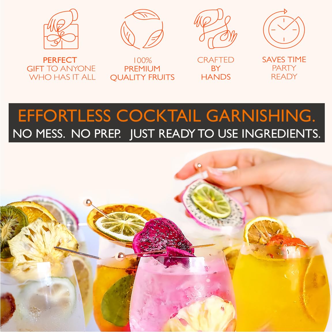 Millin Gourmet Garnish Gift Set – 100% Natural Dehydrated Fruits & Copper Cocktail Picks (35 slices + 8 picks)