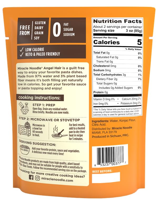 Miracle Noodle Ready to Eat Angel Hair Pasta – 7 oz x6, Low-Cal, 1g Net Carbs, Gluten Free