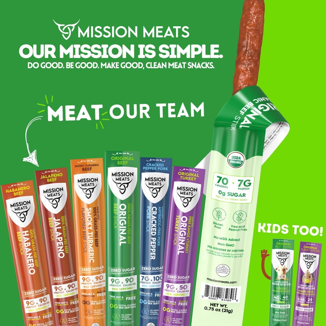Mission Meats Organic Beef Sticks – Grass-Fed & Pasture-Raised, Zero Sugar, Non-GMO (12ct)