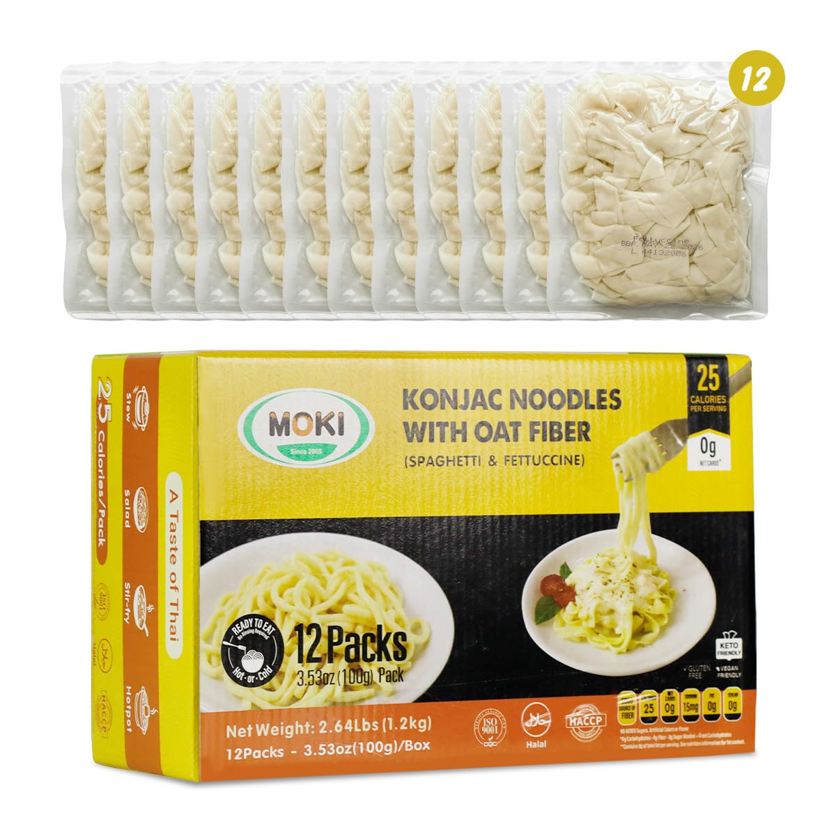 MOKI Wide Konjac Oat Fiber Noodles — 12-Pack Shirataki Thai Fettuccine, Low-Carb & Vegan