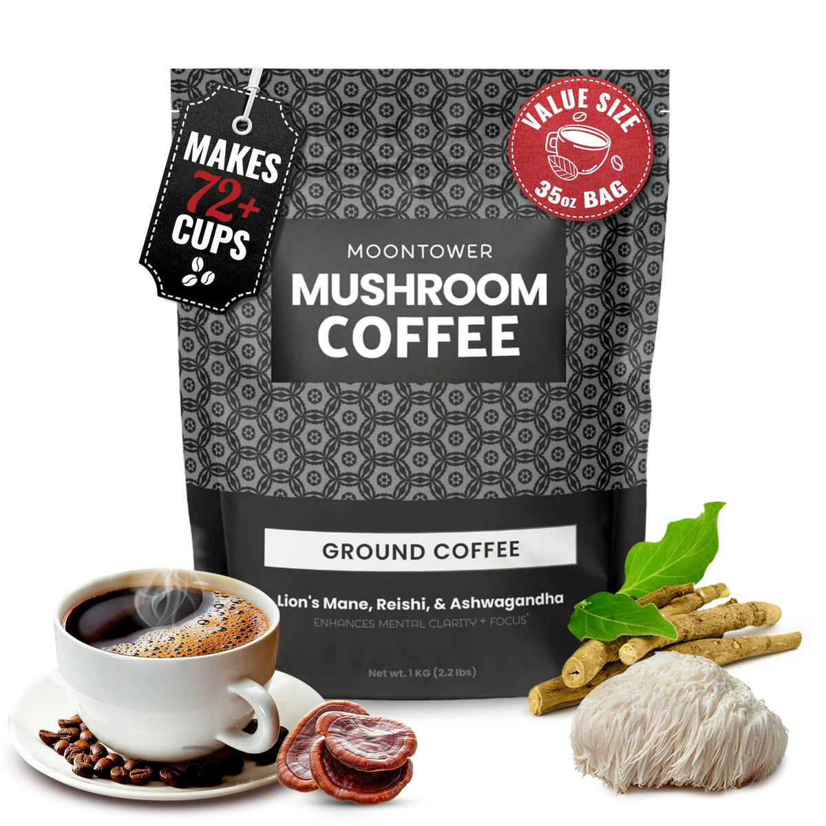 Moontower Adaptogen Mushroom Coffee Ground – Organic Lion’s Mane, Reishi & Ashwagandha | Medium Roast Nicaraguan Beans, 35 oz