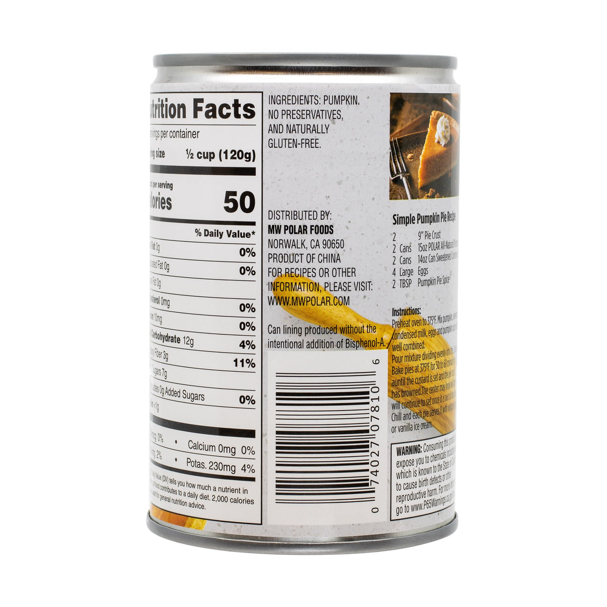 MW Polar All Natural Pumpkin, 15 Ounce (Pack of 12) – BPA Free, Gluten Free